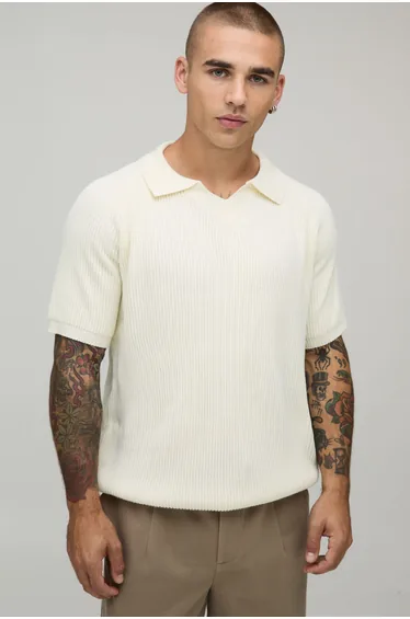 Regular Fit Ribbed Knitted Polo - ecru