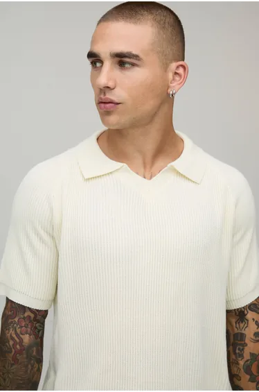 Regular Fit Ribbed Knitted Polo - ecru