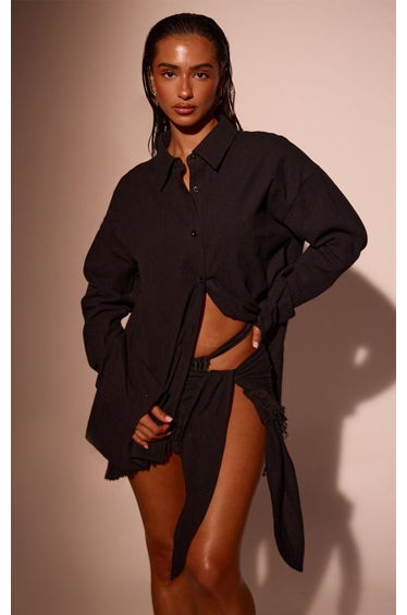 Black Linen Look Long Sleeve Beach Shirt
