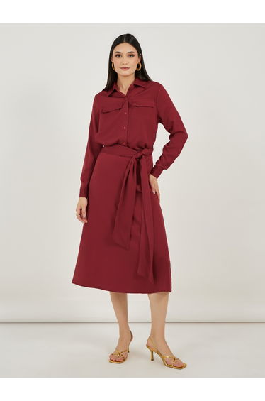 Satin Shirt Midi Dress with Self Tie-Belt