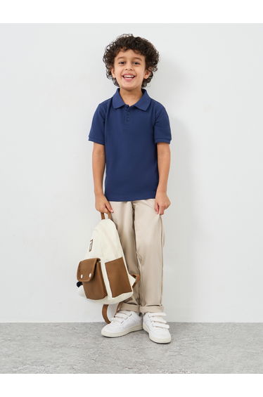 Boys Navy Blue Solid Cotton Polo T-Shirt