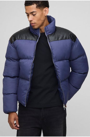 Regular Fit PU Yoke Nylon Panel Puffer Jacket - navy