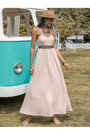 Embroidered Waist Tassel Strap A-Line Maxi Dress