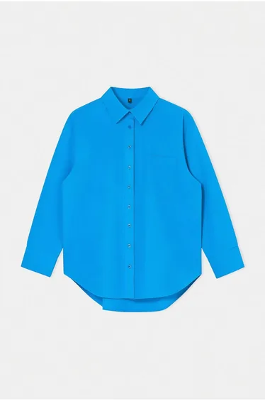 Blue Loose Fit Cotton Long Sleeve Plus Size Woven Shirt