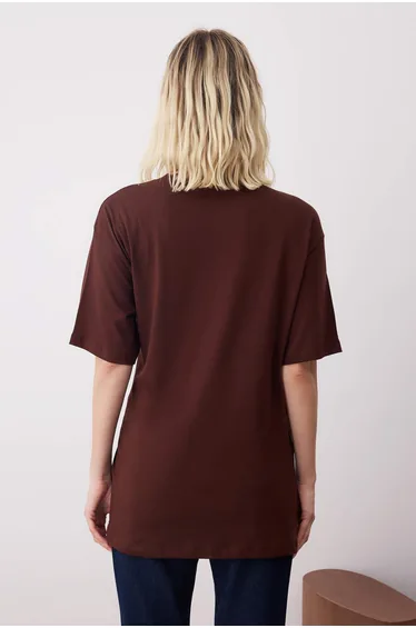 Brown 100% Cotton Lacing Detailed Crew Neck Short Sleeve Knitted  Top