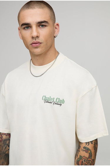 Ecru Oversized Extended Neck Chalet Mountain Alps Landscape T-Shirt - ecru
