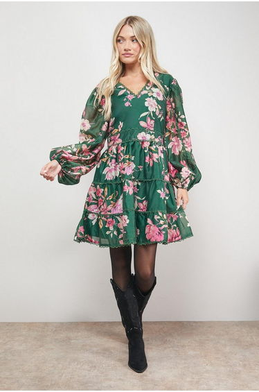 Printed Trim Detail V Neck Tiered Mini Dress