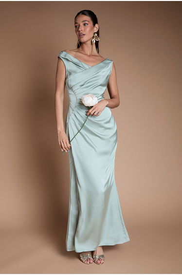 Satin Bardot Bridesmaid Maxi Dress With Waist Ruching Detail