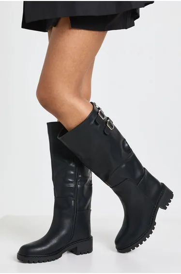 Chunky Double Buckle Detail Knee High Boots - black