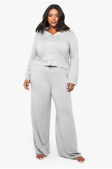 Plus Super Soft Modal Long Sleeve Shirt & Trouser Pyjama Set - grey marl