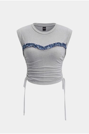 Patchwork Round Neck Tie-Up Short Sleeve T-Shirt