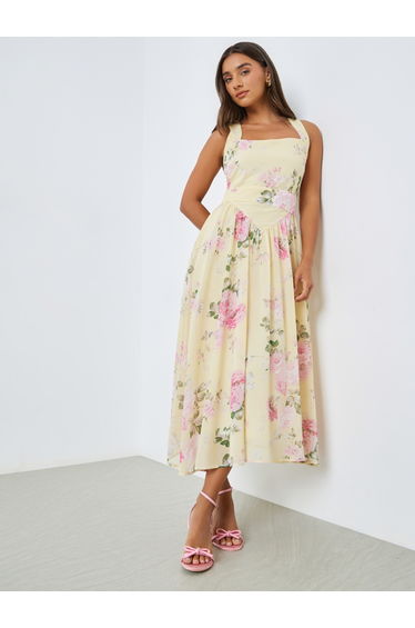 Yellow Floral Sleeveless A-Line Midi Dress