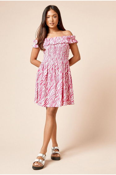 Petite Pink Zebra Shirred Bodice Bardot Mini Dress