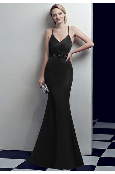 Beaded Waist Crisscross Open Back Cami Gown in Black