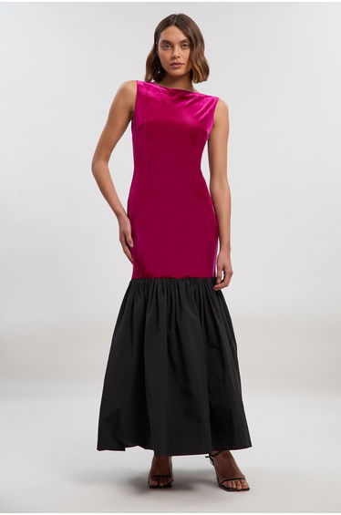 Velvet Sleeveless Body With Taffeta Drop Waist Maxi Dress