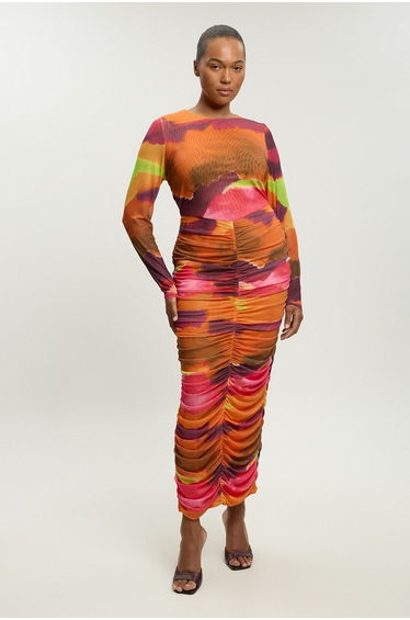 Plus Size Marbled Print Mesh Ruched Maxi Dress