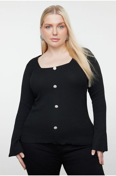 Black Square Neck Ribbed Button Knitwear Blouse