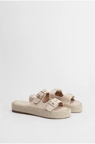 Bridget Faux Suede Scallop Detail Buckle Footbed Sandals