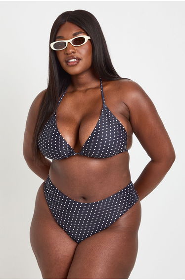 Plus Polka Dot Print Triangle Bikini Top & High Waist Bottom Set - black