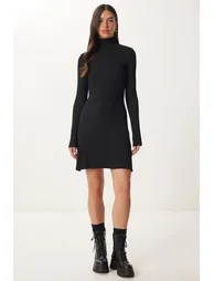 Women's Black Back Belted Mini Knit Dress