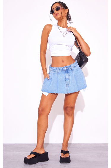 Petite Light Blue Mini Denim Pleated Skirt