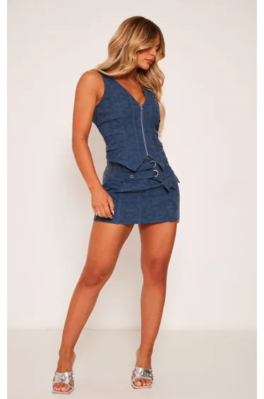 Blue Washed Faux Leather Strap Detail Wrap Over Micro Mini Skirt