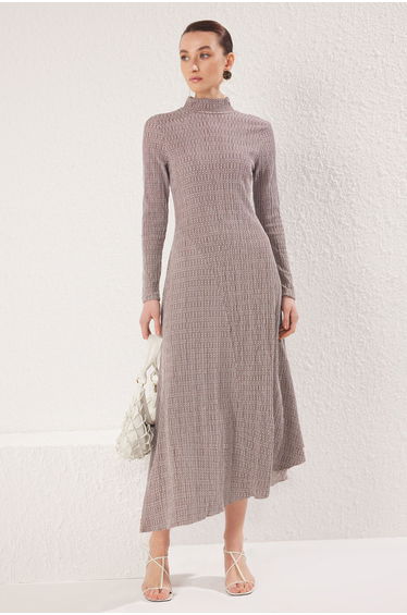 Brown Textured Knitted Wrap Dress