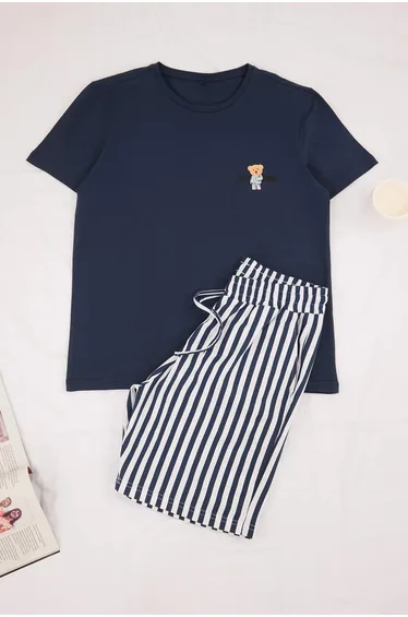 Navy Blue Regular Striped Homewear Pajama Set
