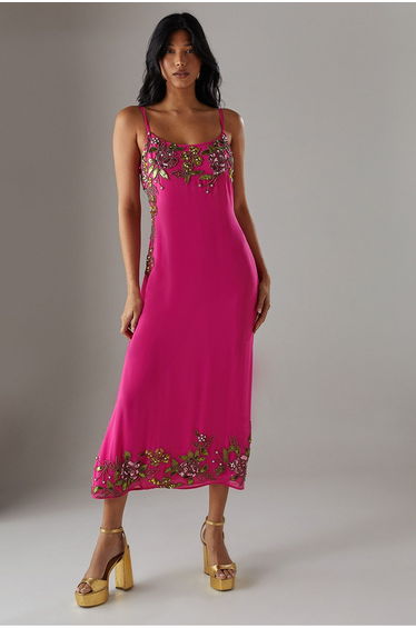 Hand Embellished Strappy Bias Sequin Midi Dress