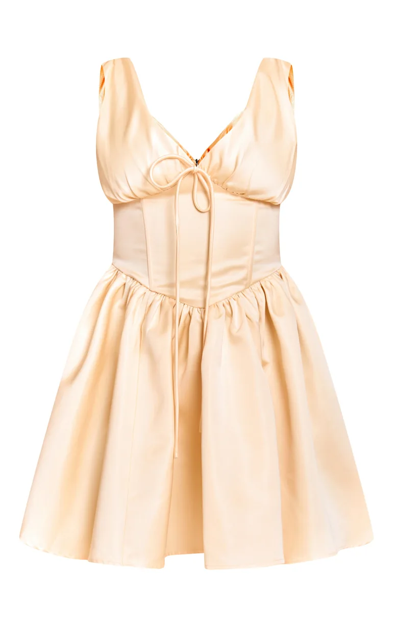 satin plunge skater dress Women's Shape Lemon Satin Plunge Front Cinched Waist Skater Mini Dress