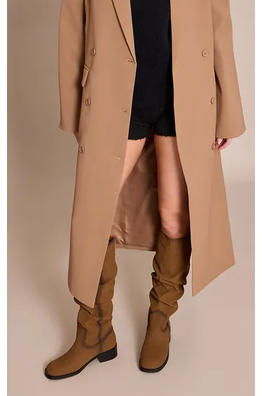 Brown Burnish PU Low Heeled Ruched Knee High Boot