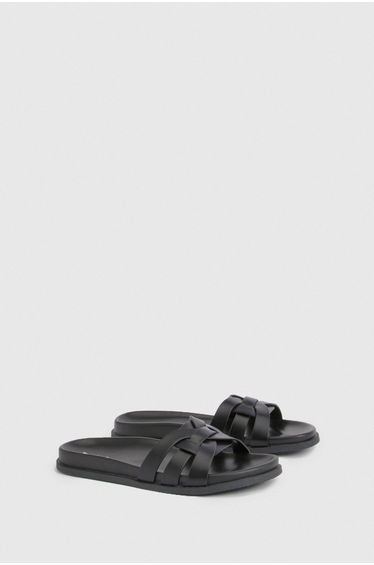Cut Out Woven Strap Detail Sliders - black