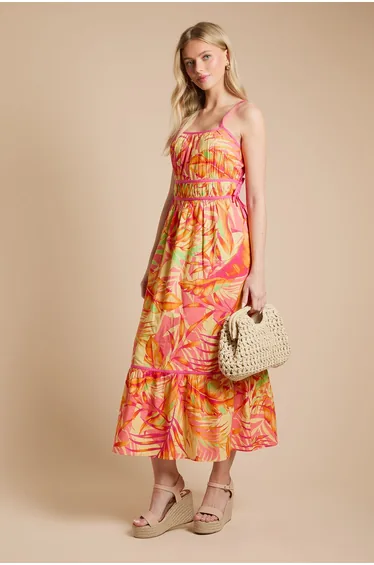 Orange Floral Contrast Binding Tie Side Printed Poplin Midi Dress