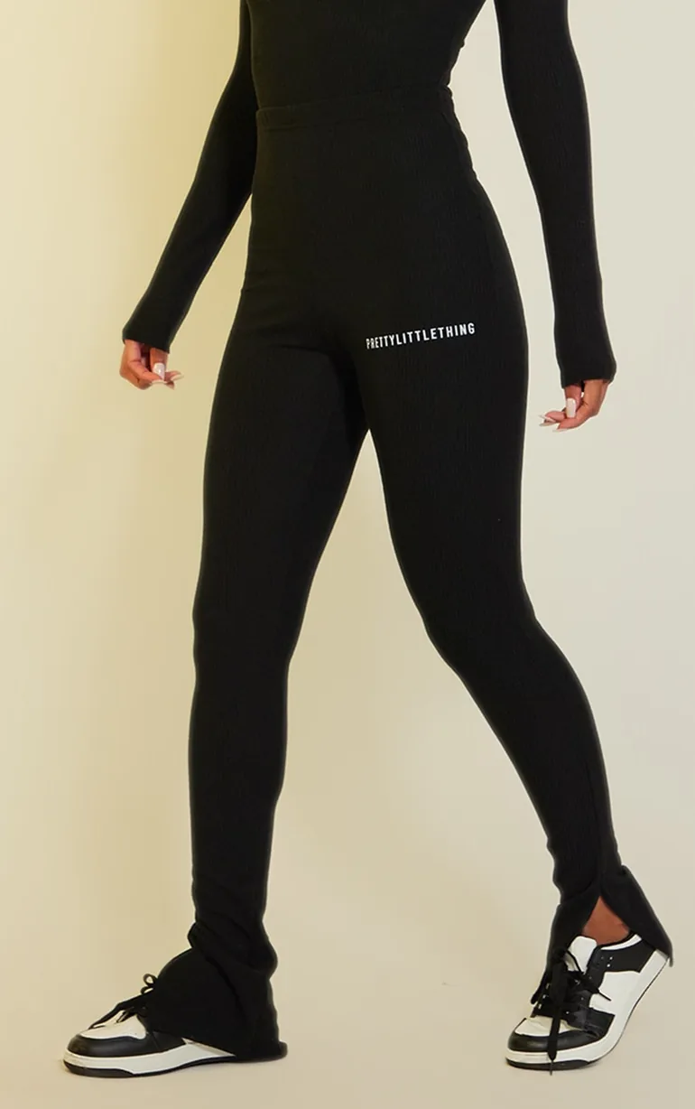 PRETTYLITTLETHING Black Crinkle Rib Split Hem Leggings - 1