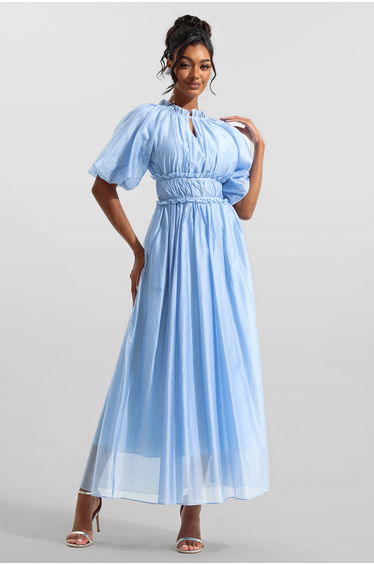 Aïcha Chiffon Raglan Sleeve Frill Midi Dress in Blue