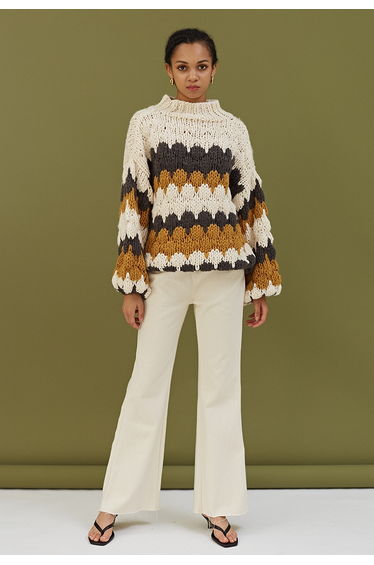 Color Blocked High Neck Hand-Knit Chunky Sweater in Smoke