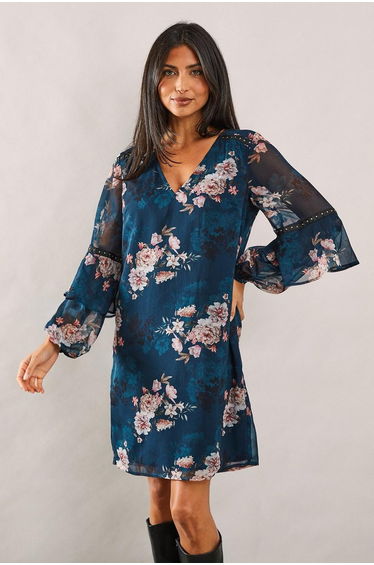 Teal Blossom Print Sleeve Detail Shift Dress