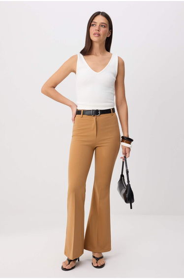 Camel Flare Woven Trousers