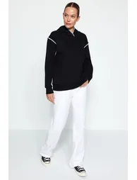 Black Crochet Detail Hooded Thick Fleece Inner Knitted Sweatshirt . - 1