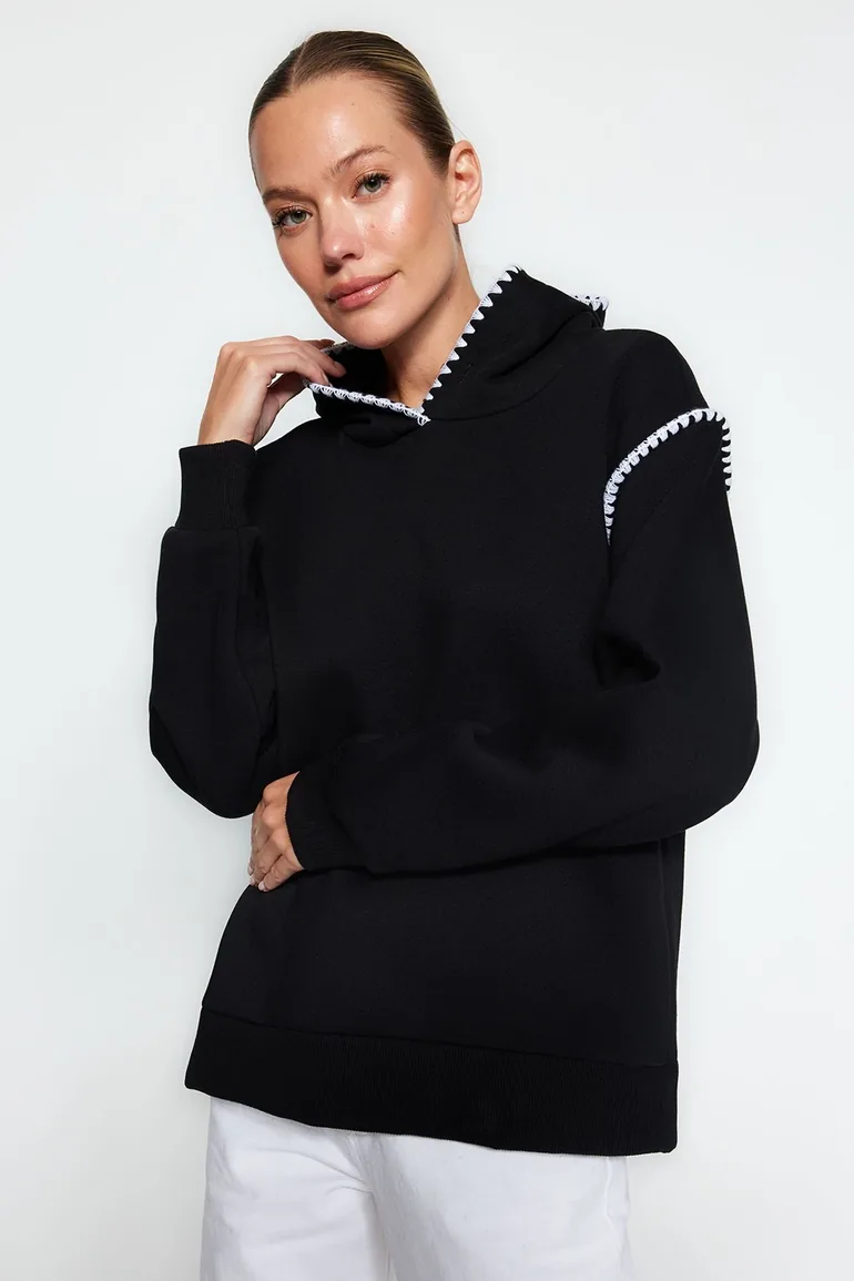 Black Crochet Detail Hooded Thick Fleece Inner Knitted Sweatshirt .