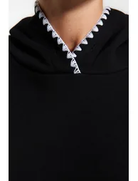 Black Crochet Detail Hooded Thick Fleece Inner Knitted Sweatshirt . - 3