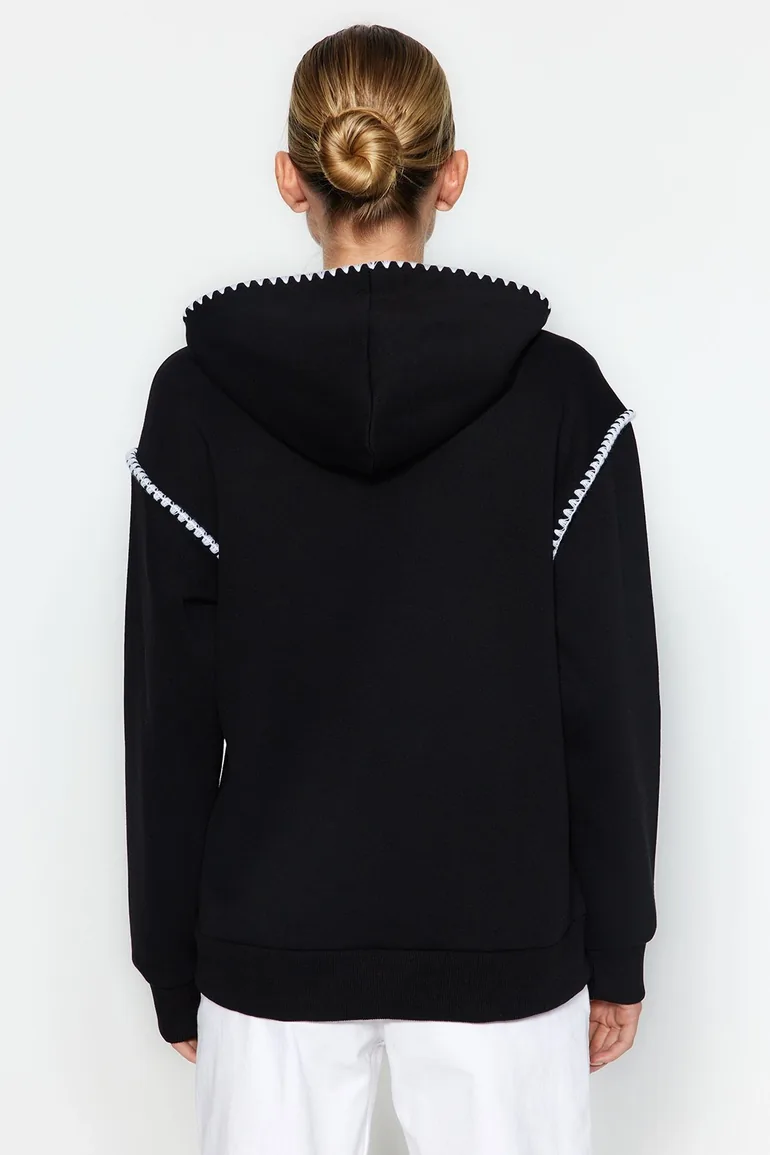 Black Crochet Detail Hooded Thick Fleece Inner Knitted Sweatshirt . - 4