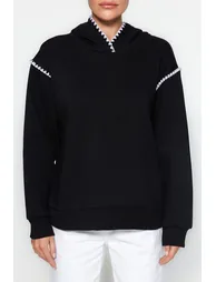 Black Crochet Detail Hooded Thick Fleece Inner Knitted Sweatshirt . - 2