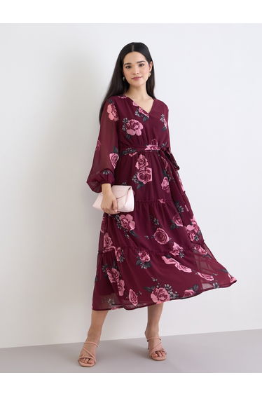 Women Floral Print V Neck A-Line Dress