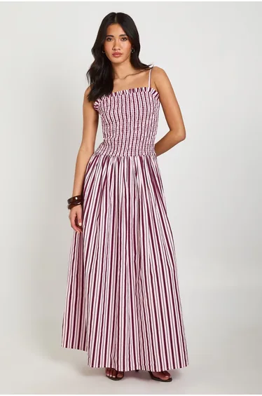 Stripe Cotton Shirred Skater Maxi Dress - pink