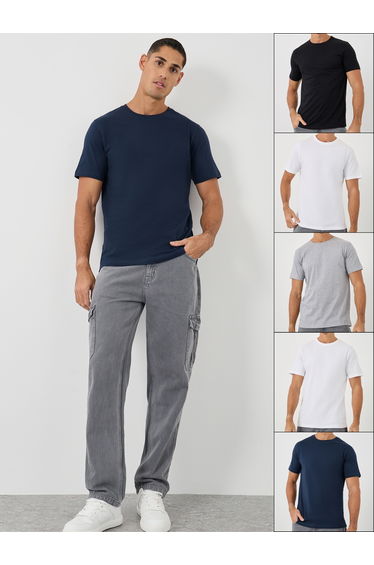 Pack of 5 - Solid Cotton Crew Neck Regular Fit T-Shirt