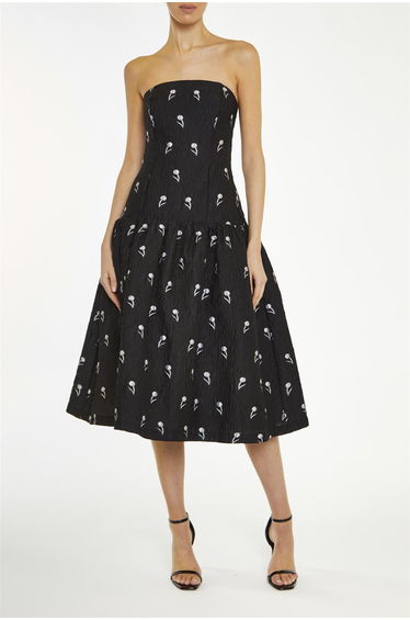 Vienna Black-Grey Floral-Brocade Dropped-Waist Midi-Dress