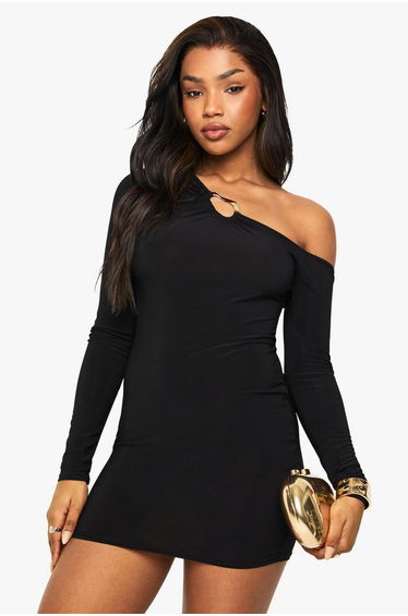 Slinky Asymmetric Gold Trim Detail Mini Dress