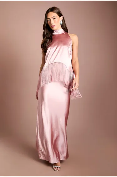 Coast Muse Satin Fringe Halter neck Maxi Dress