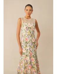 Brunch Ready Beige Floral Embroidered Sleeveless Midi Dress - 6